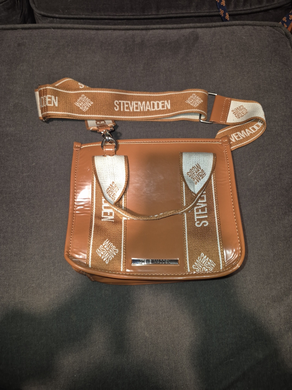 Steve Madden Cognac Patent Crossbody with Logo Strap